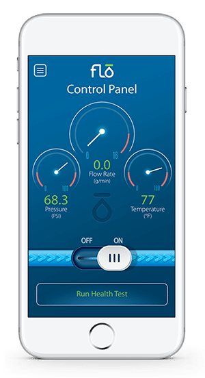 Smartphone screen displaying water flow control panel: flow rate, pressure, temperature gauges, and on/off switch.