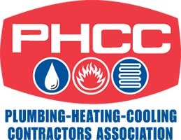 Logo of PHCC, a plumbing, heating, and cooling contractors association. Red and blue with water drop, flame, and coil icons.
