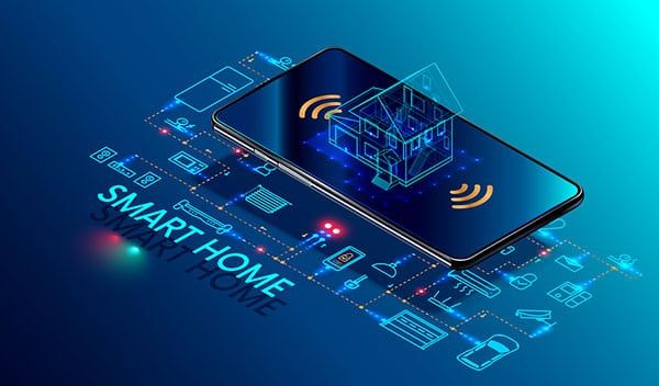 Smart home concept: Phone controls house, connected to various appliances, glowing blue.
