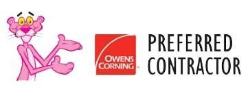 The Pink Panther gesturing near an Owens Corning Preferred Contractor logo.