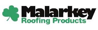 Logo for Malarkey Roofing Products: green shamrock, black text