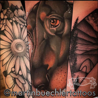 Tattoo design collage with a flower, eye, and abstract black-and-gray geometric panels