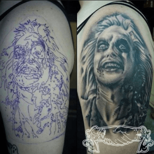 Side-by-side tattoo design and finished black-and-gray portrait on an upper arm