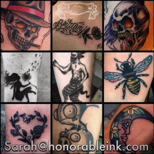 Collage of colorful tattoo designs, including skulls, silhouettes, bees, and decorative lettering.