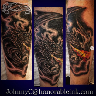 Three vertical photos of a dark dragon tattoo sleeve with orange-red highlights on an arm