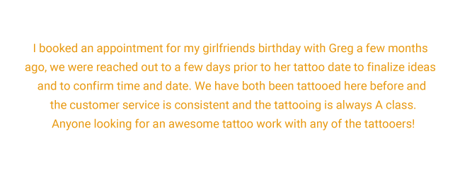 White text review praising a tattoo shop’s timing, consistency, and customer service.