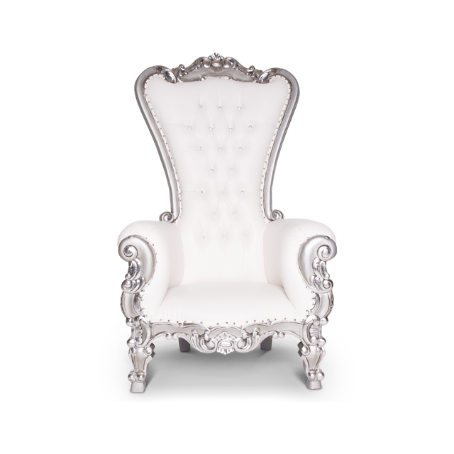 White tufted throne chair with silver trim luxury seating rental for weddings or birthdays