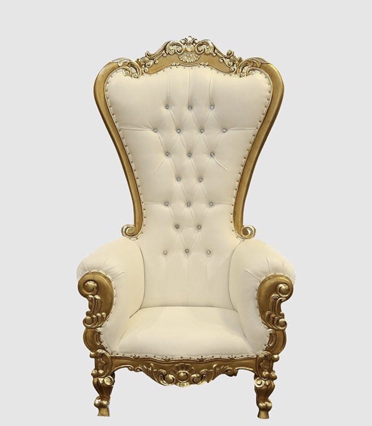 White and gold tufted throne chair rental for weddings birthdays and luxury events
