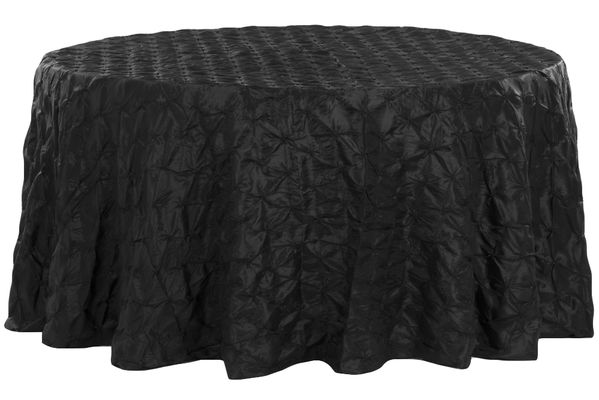 Black pinch pleat round tablecloth rental with textured fabric for elegant event tables