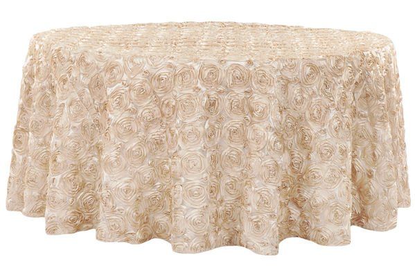 Champagne satin rosette round tablecloth with textured floral design for wedding décor