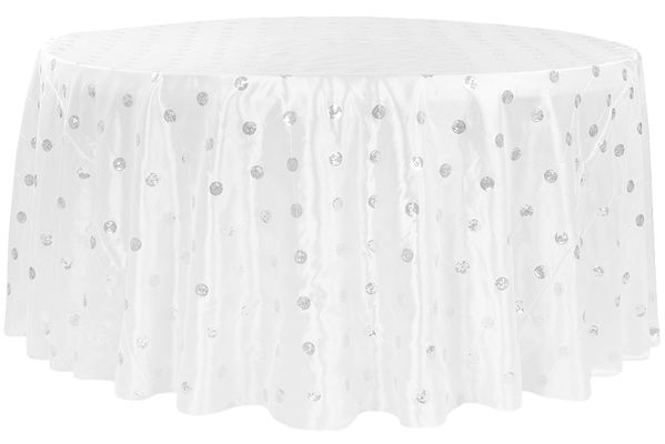 White sequin embroidered taffeta round tablecloth for elegant reception tables