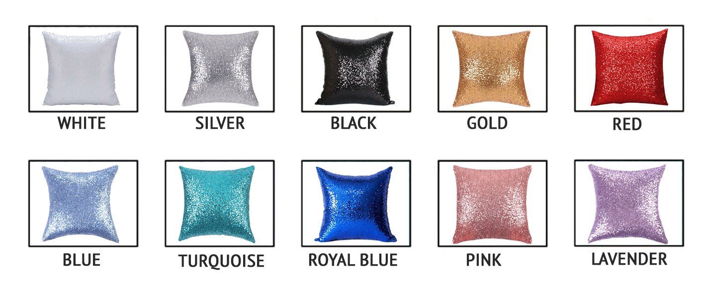 Sequin decorative throw pillow color options including silver black gold turquoise royal blue and pink