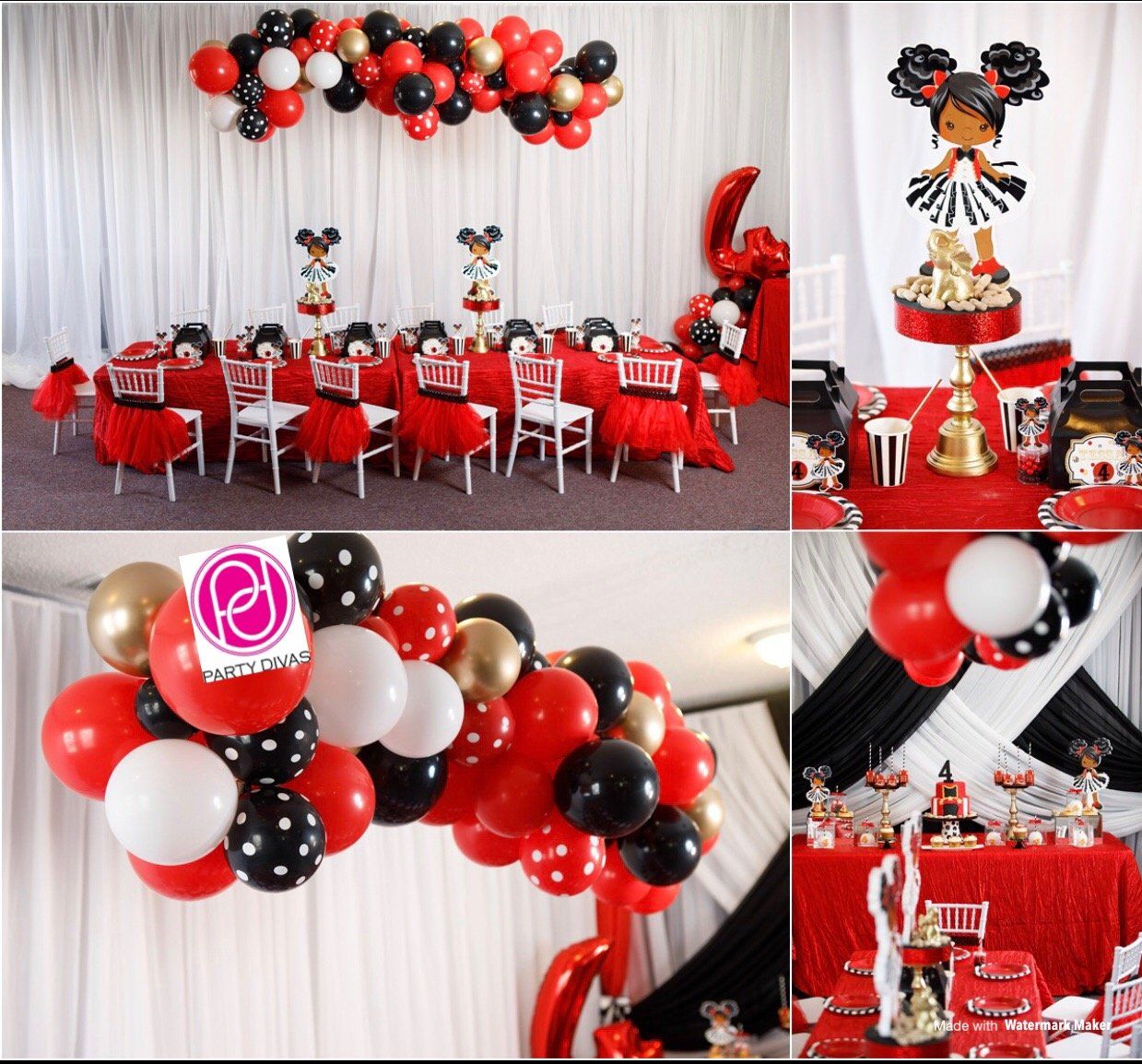 A kids themed party with a horizontal balloon garland floating above a table.