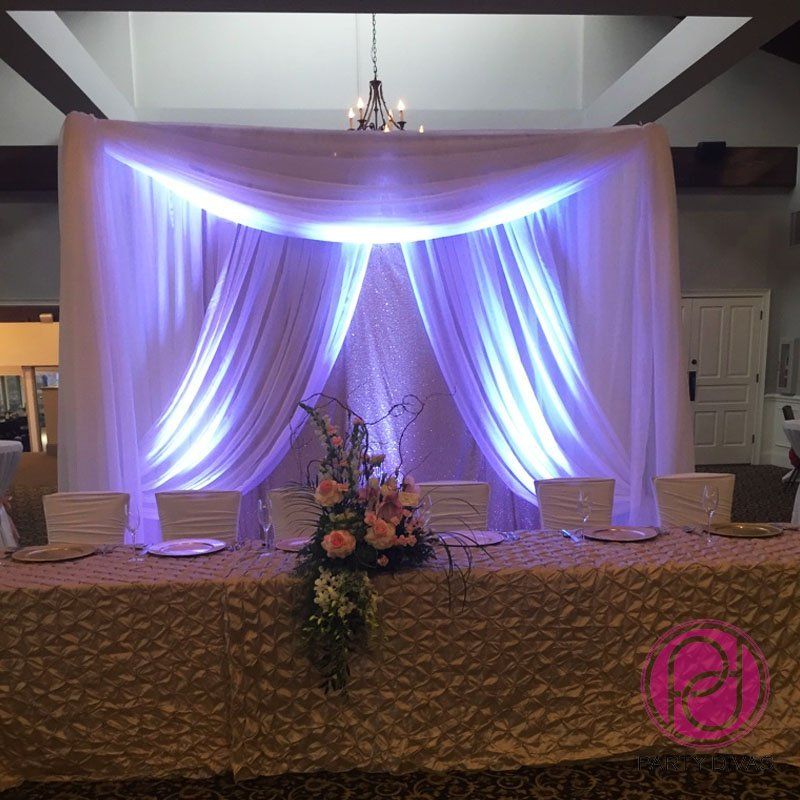 head table backdrop draping with uplighting for a wedding reception.