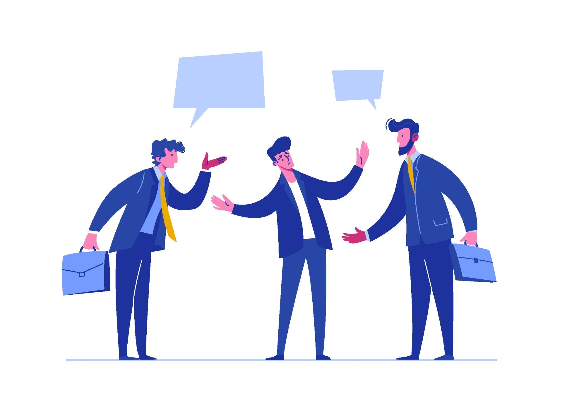 A group of businessmen are standing next to each other and talking to each other.