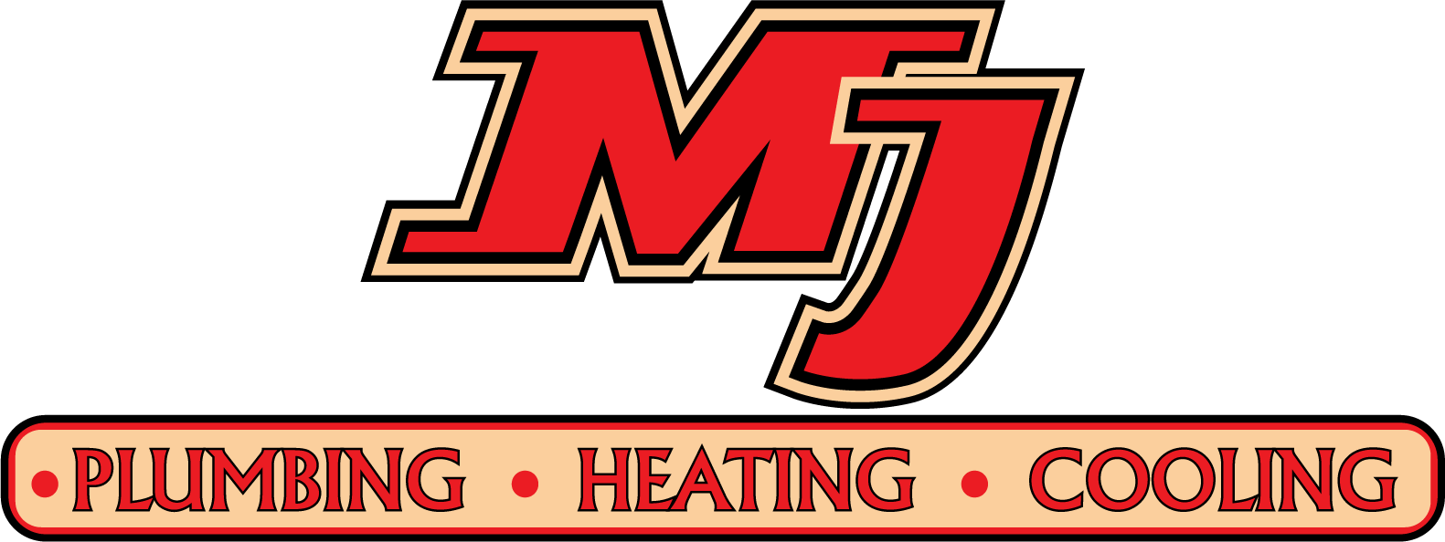 Red and black MJ Plumbing, Heating, Cooling logo on a beige background