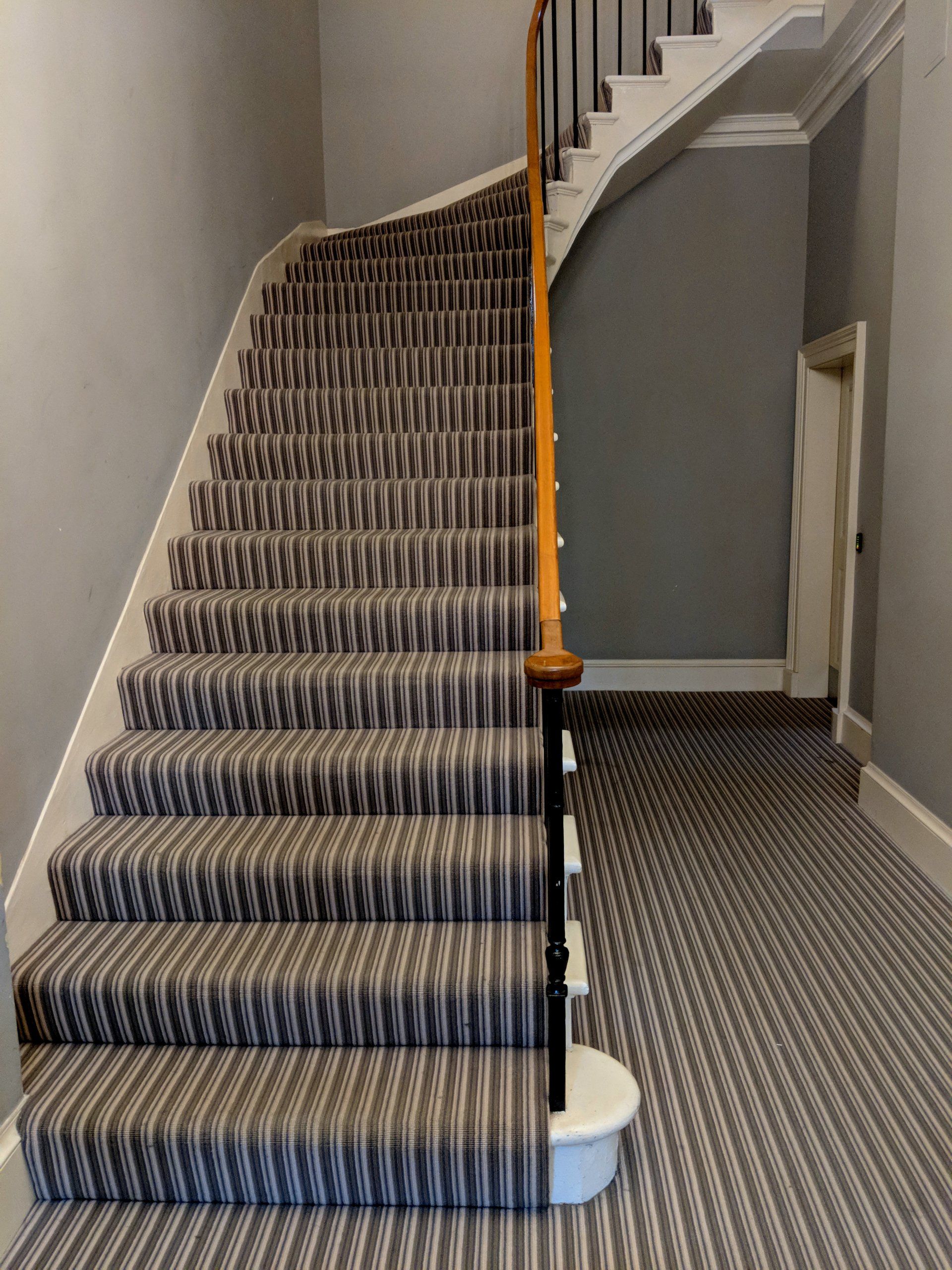 inspiration ideas for stairs, landing and hallways, stripped and strippy carpet in grey, cream and black