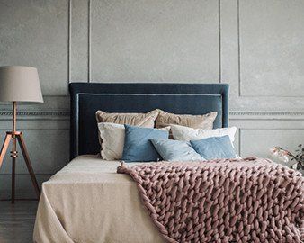 trending bedroom ideas in pale pinks, green, grey, white, luxury soft carpet, penthouse, loftroom