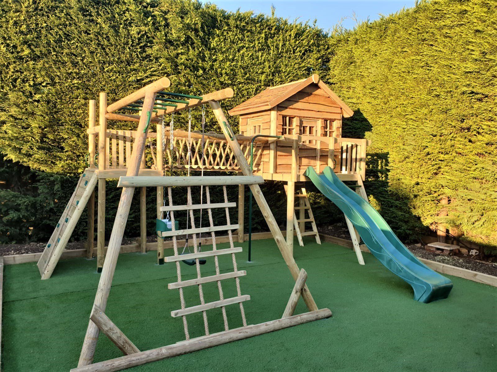 climbing frames and playhouses in every colour in the rainbow to play in