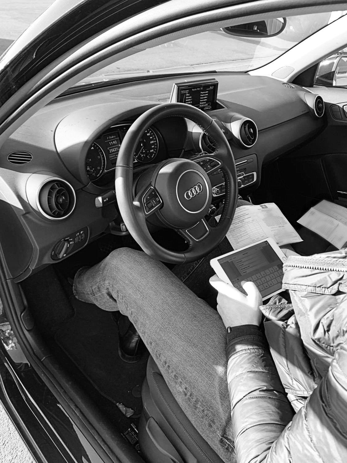 Damage advisor of Drivex sitting in a blue car to check it on damages.