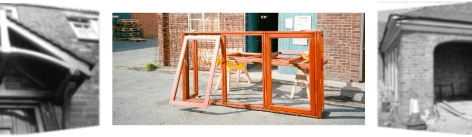 Three images showing wooden window frames in various stages of construction or installation against a brick building.