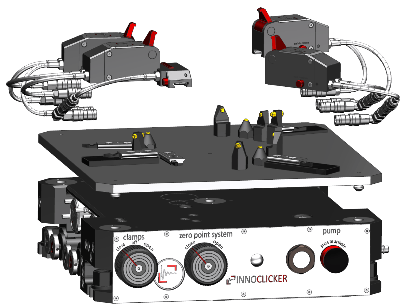 Explosionsansicht des Spannsystems INNOCLICKER und seine Komponenten