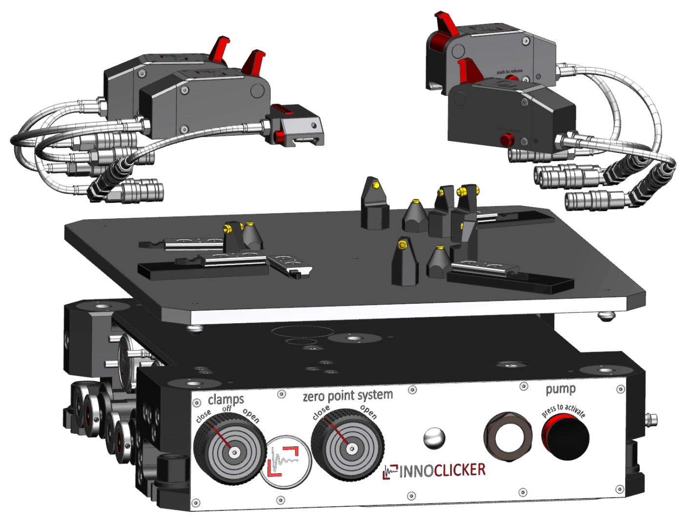 Innoclicker modular clamping system and components exploded view Innoclicker modular clamping system and components exploded view