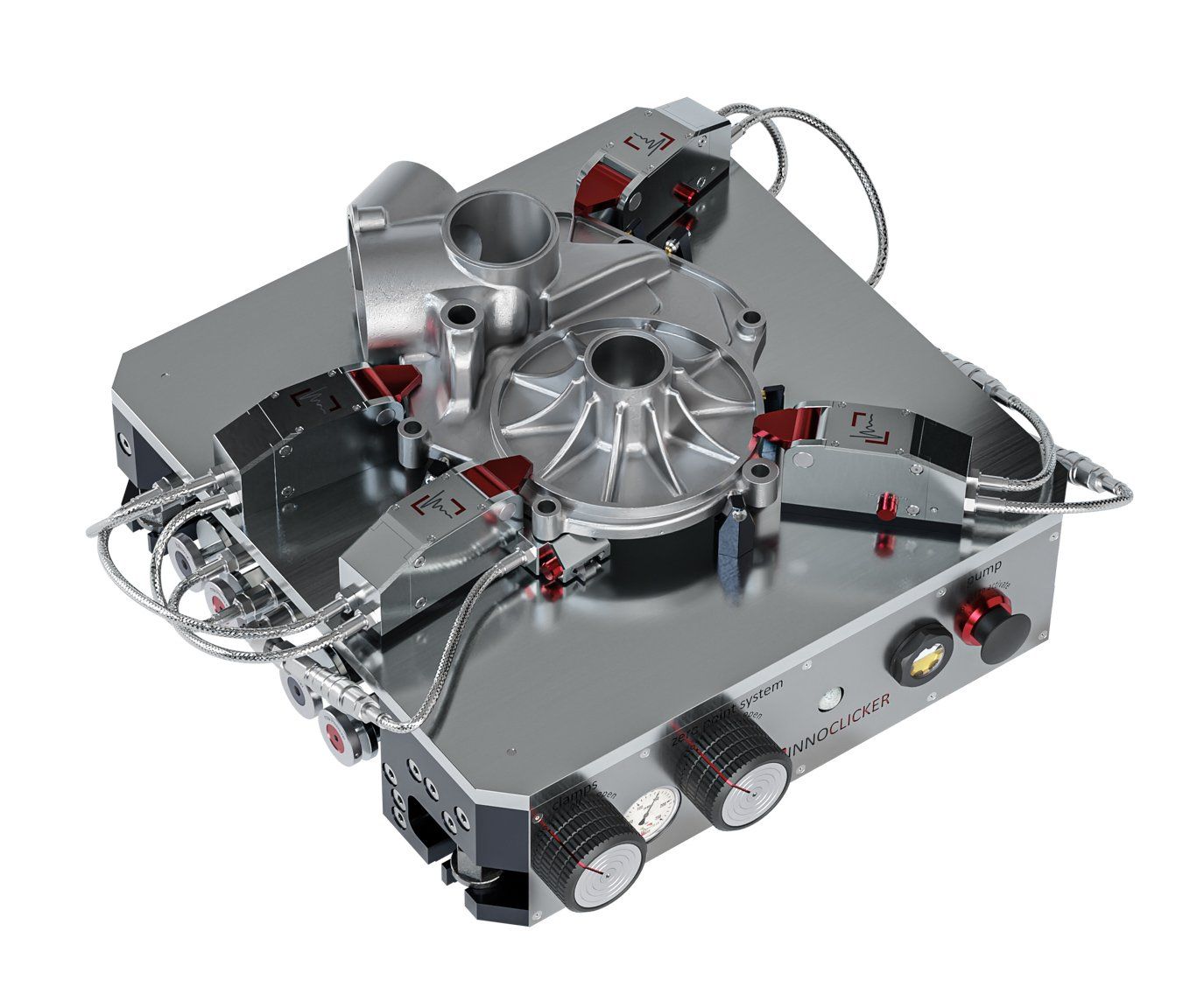 Innoclicker Spannsystem spannt gegossenen Bauteil (Getriebedeckel)