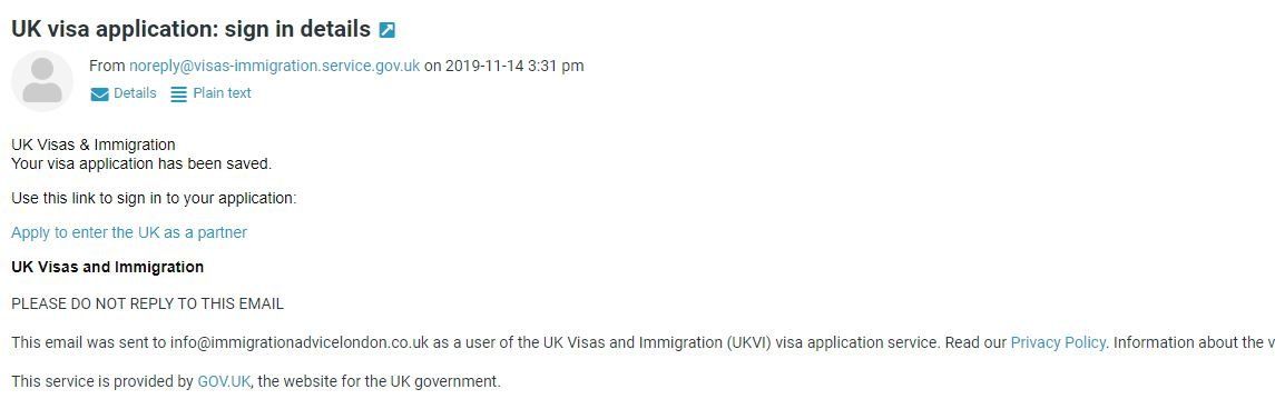 email link to sign in to your partner visa uk application form