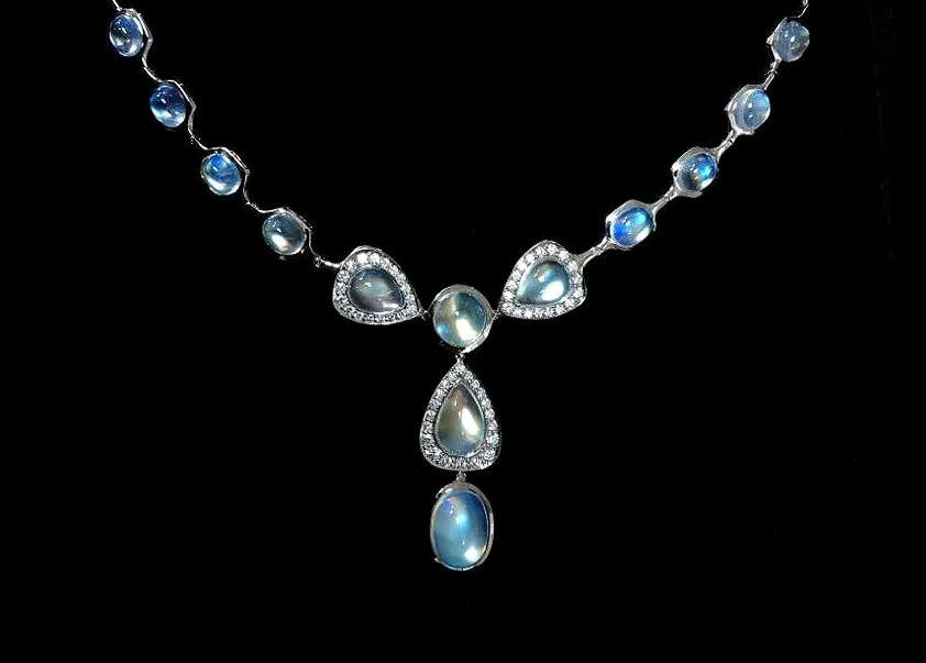 rainbow moonstone and diamond necklace, ring and earrings