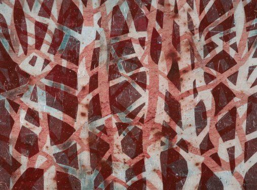 Abstract art of intertwined tree branches in shades of red and white against a dark red background.