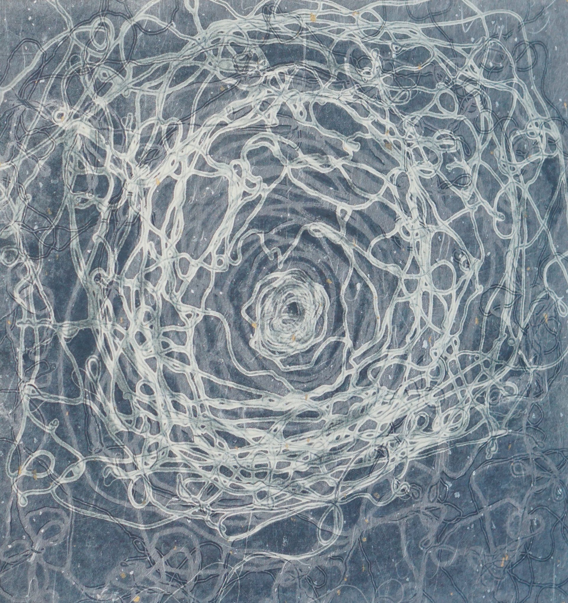 White swirling lines on a dark blue background, forming a central spiral.