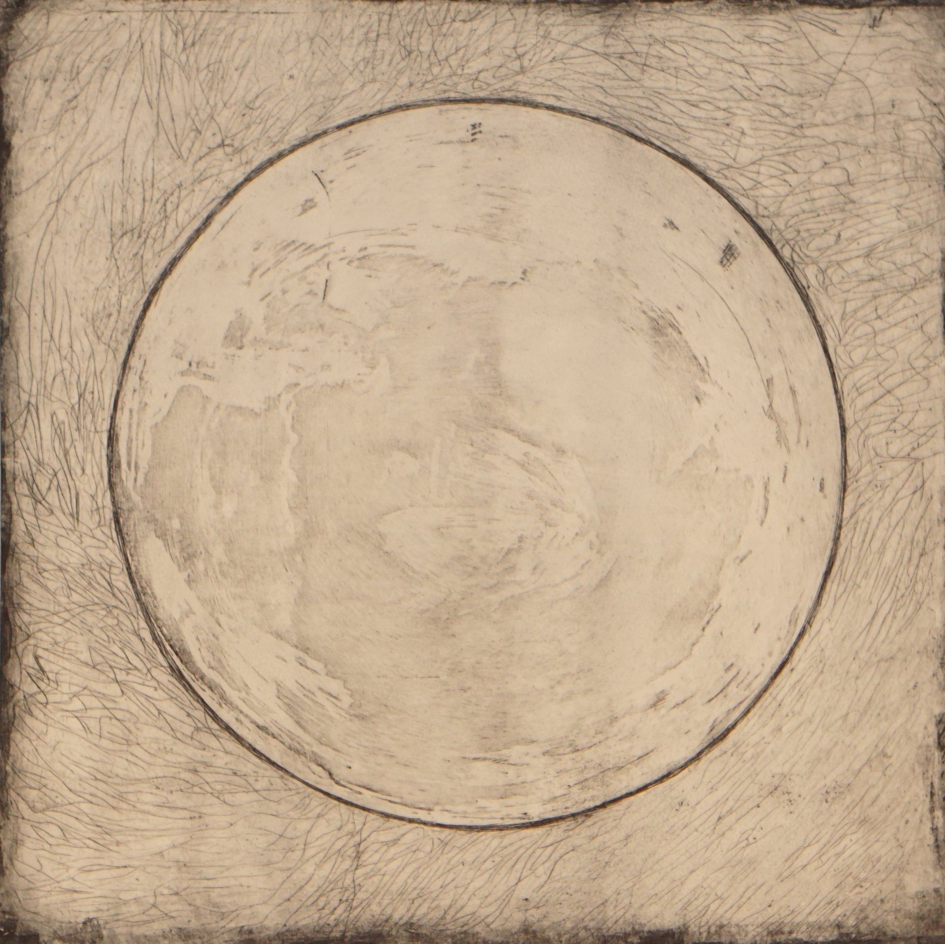 Etching of a pale, textured circle inside a square. Subtle shading suggests a moon.