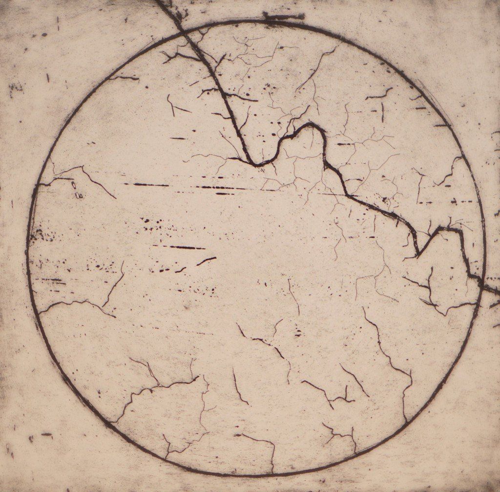 Brown etching of a circular landscape with lines and cracks, resembling a map or geological formation.