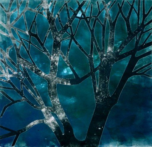 Bare tree silhouetted against a dark teal and blue sky, with a textured, artistic effect.