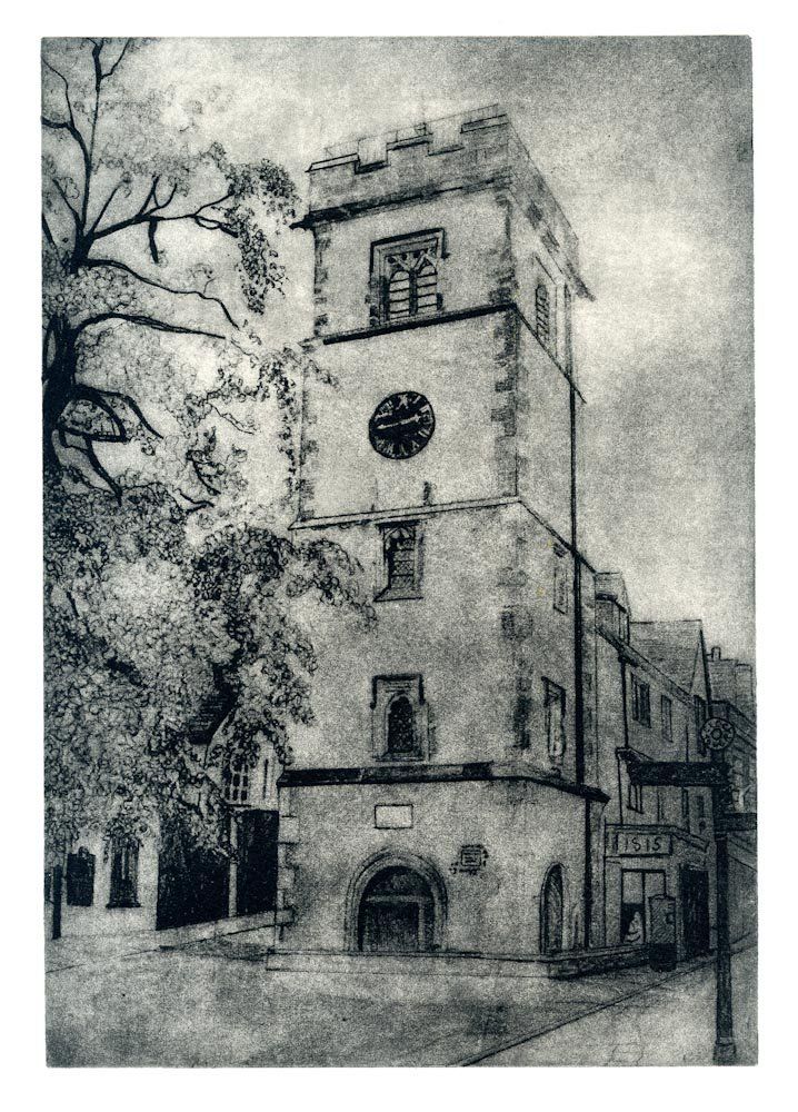 Black and white drawing of a tall clock tower next to a building, trees in the background.