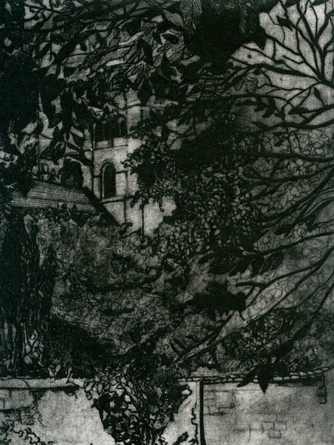 Gothic-style building partially obscured by foliage, viewed from behind a stone wall. Black and white etching.
