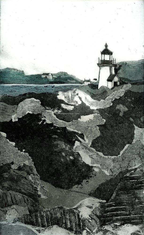 Lighthouse on a rocky coast under a bright sky. The scene is in grayscale.
