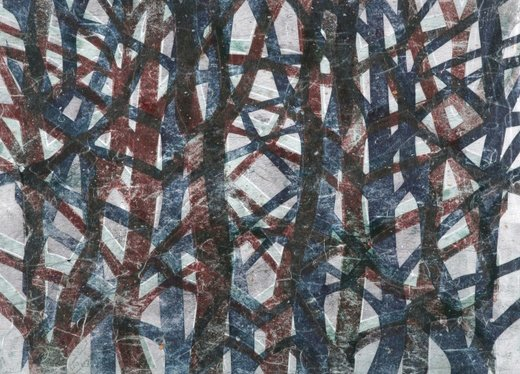 Intertwined tree trunks in blue and red hues against a textured, light background.
