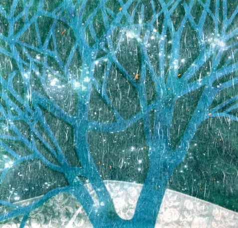 Blue tree with sparkling lights against a teal background; winter scene.