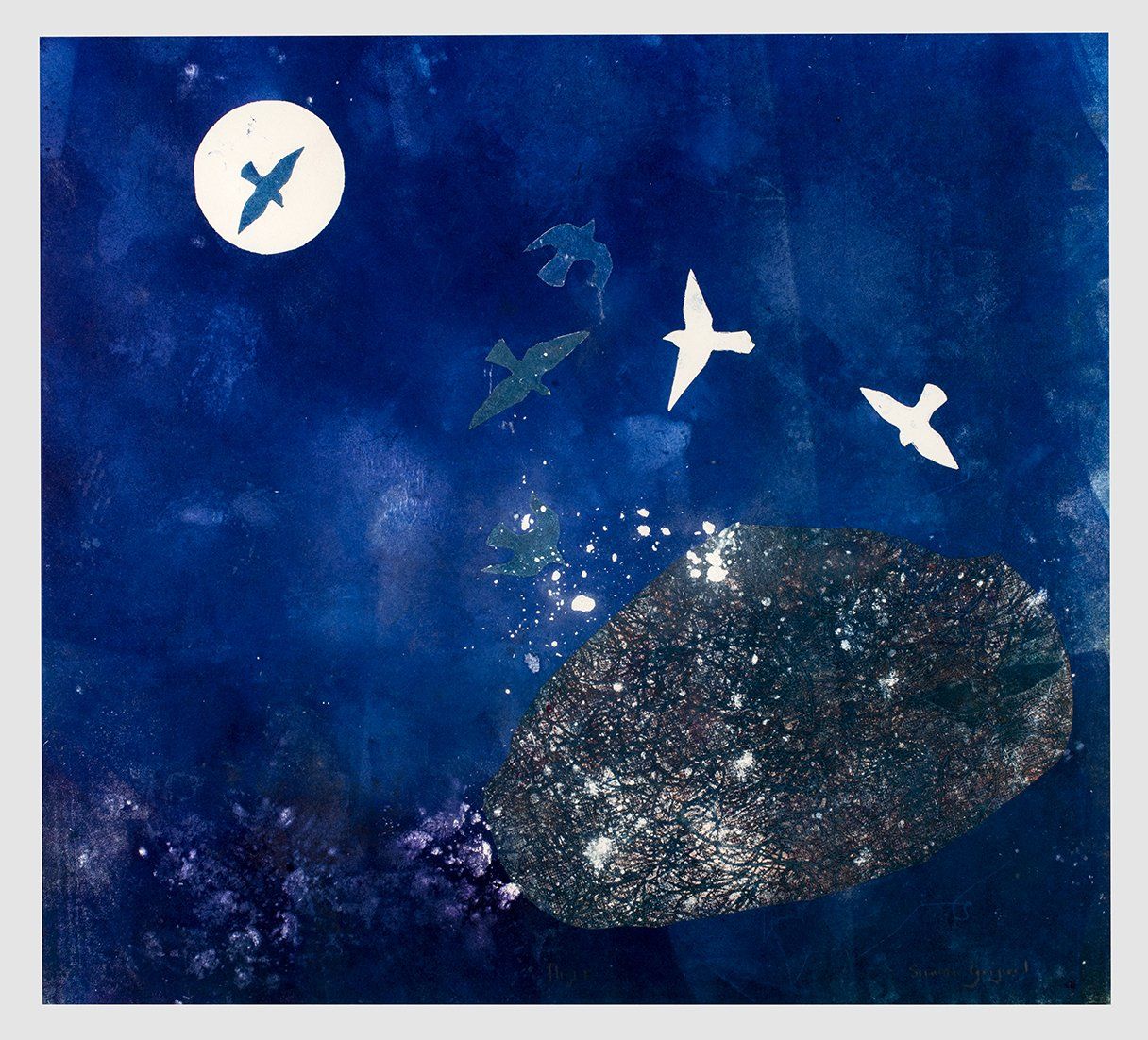 Dark blue artwork with white birds flying near the moon and a dark, speckled shape.