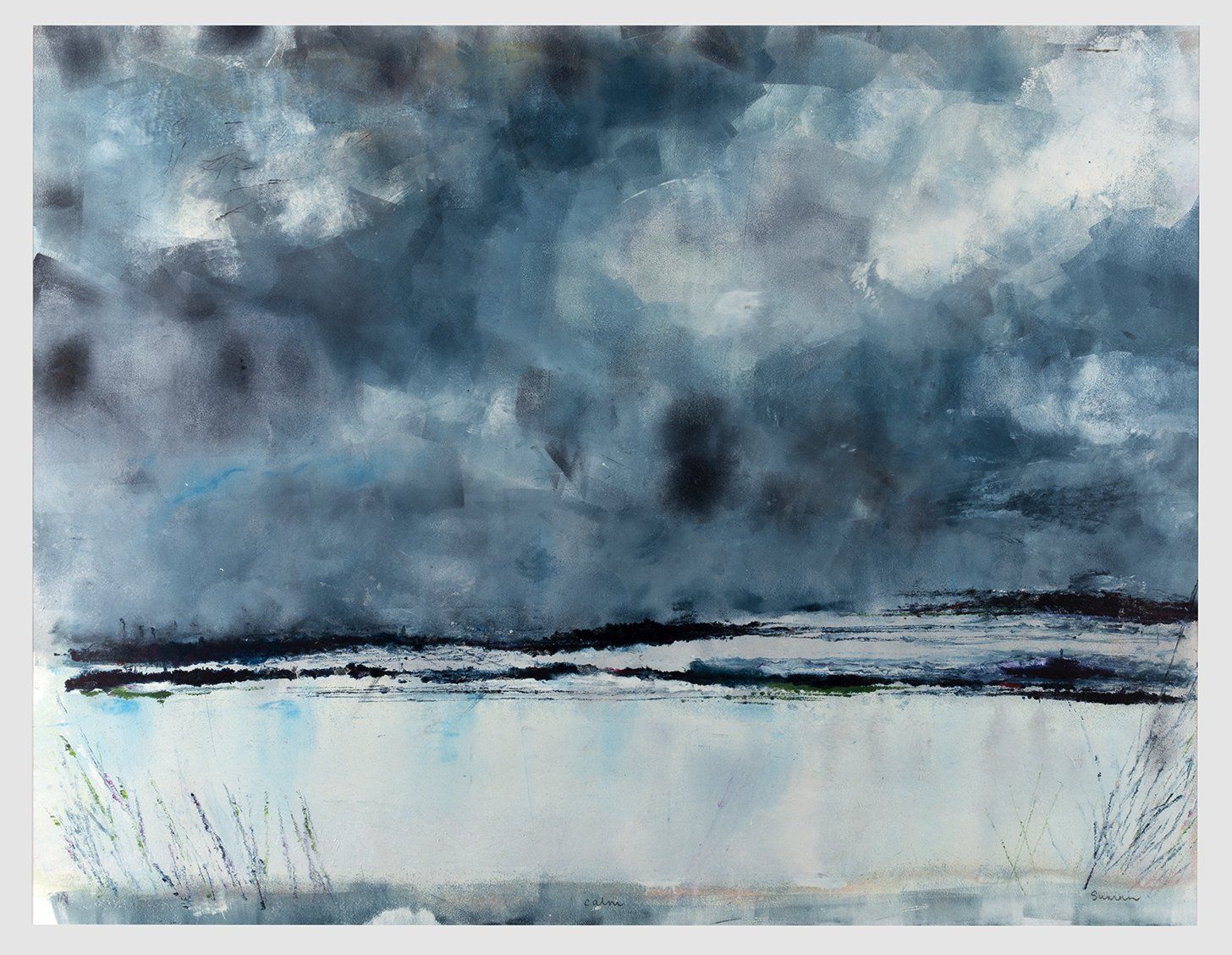 Stormy seascape: dark blue sky, white water, black horizon line, hints of light blue, and tall grass.