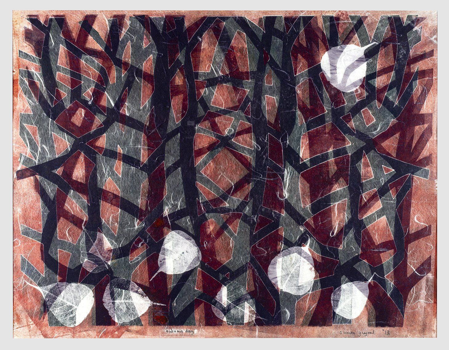 Dark tree trunks and branches with white orbs against a reddish, layered background.