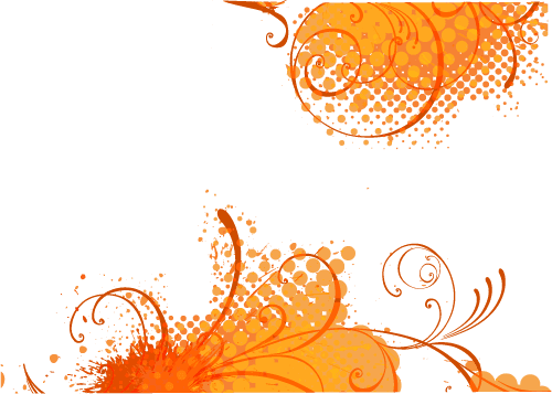 Orangefarbenes Blumenmuster mit Wirbeln, Punkten und Spritzern auf weißem Hintergrund.