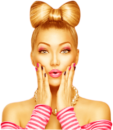 Blonde Frau mit rosa Schleifenfrisur, schockiertem Gesichtsausdruck, rosa Make-up, hält ihr Gesicht mit den Händen.