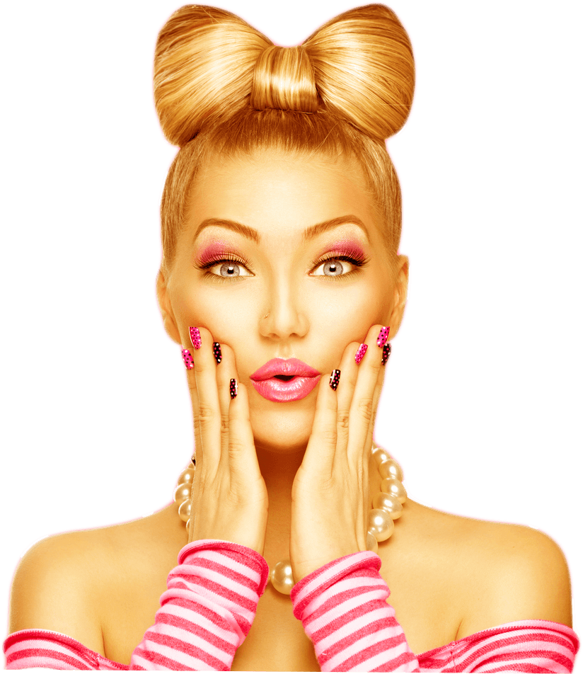 Blonde Frau mit übergroßer Schleifenfrisur, überraschtem Gesichtsausdruck, rosa Make-up, Händen im Gesicht.