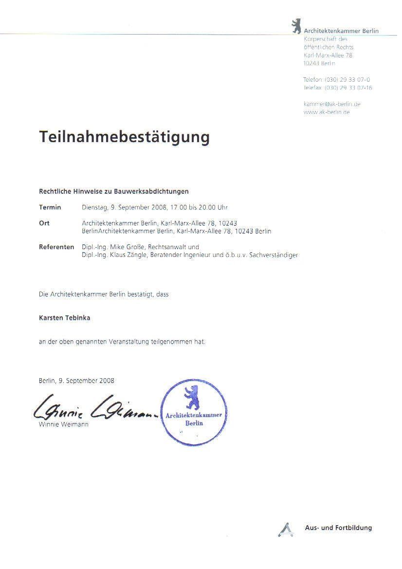 A letter with a signature on it that says teilnahmebestätigung.