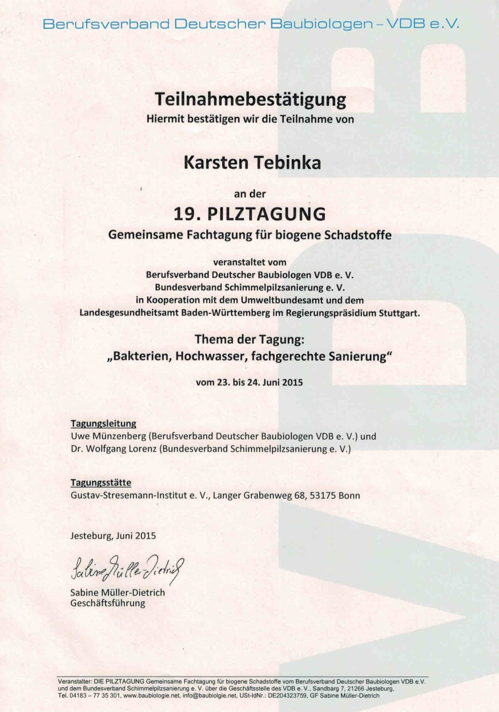 Ein Zertifikat, auf dem Karsten Tebina steht