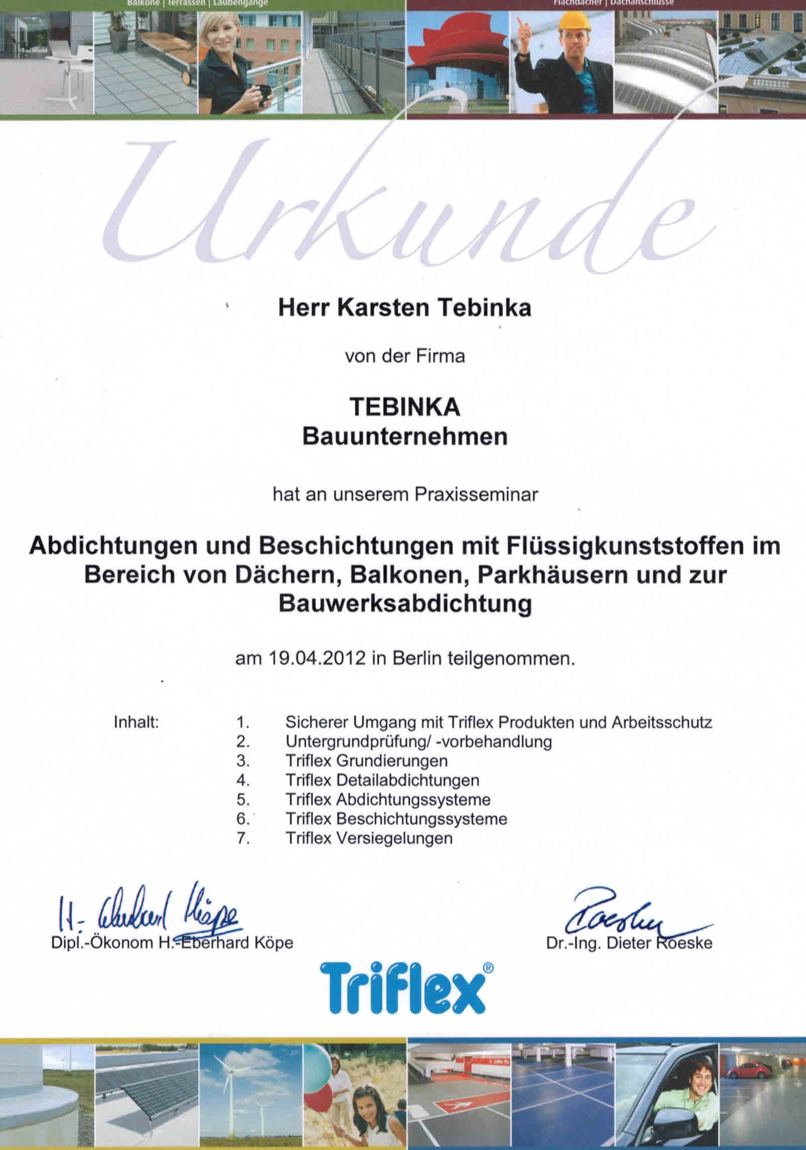 Eine Urkunde mit einer Collage aus Bildern und dem Wort „Triflex“ darauf.