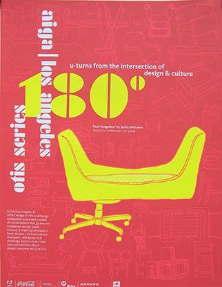 A red poster with a yellow chair on it that says u-turns from the intersection of design & culture